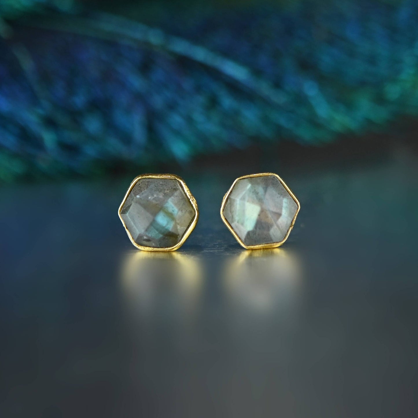 Semi Precious Hexagon Gemstone Stud Earrings (8mm gold)