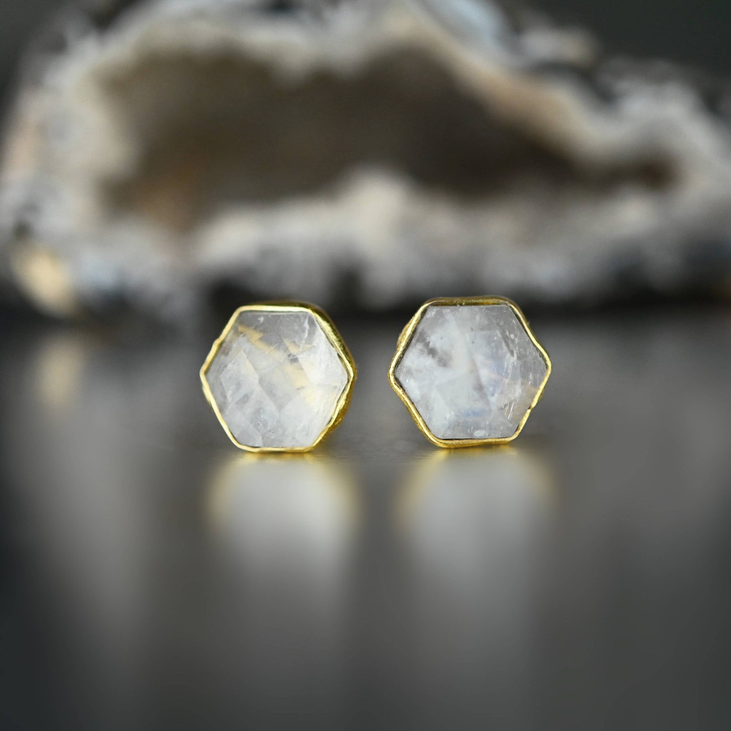 Semi Precious Hexagon Gemstone Stud Earrings (8mm gold)