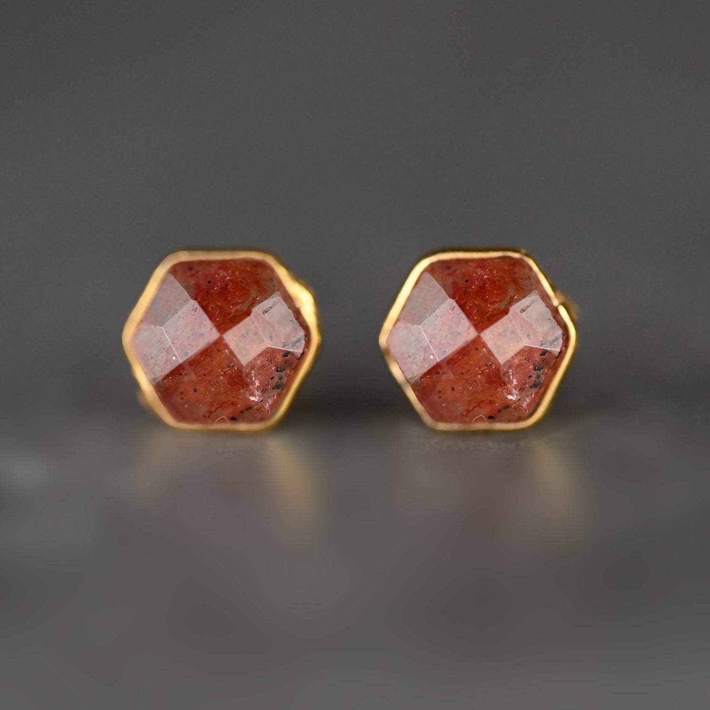 Semi Precious Hexagon Gemstone Stud Earrings (8mm gold)