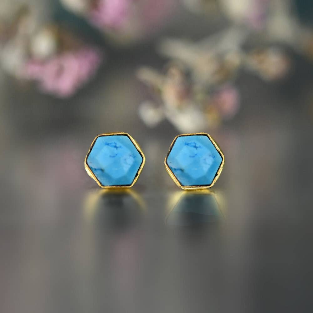 Semi Precious Hexagon Gemstone Stud Earrings (8mm gold)