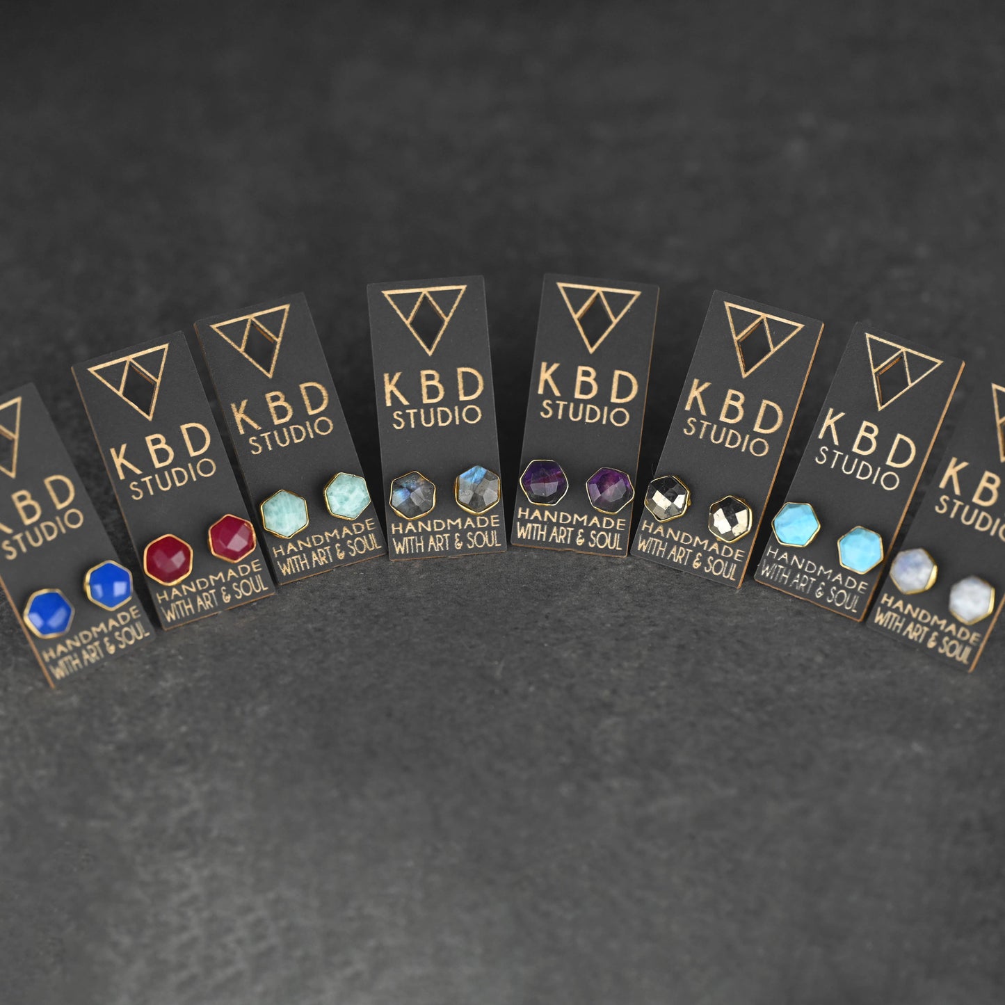 Semi Precious Hexagon Gemstone Stud Earrings (8mm gold)