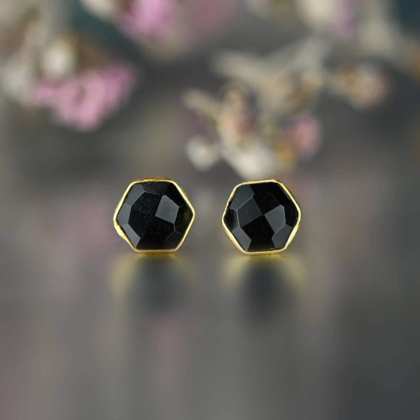 Semi Precious Hexagon Gemstone Stud Earrings (8mm gold)