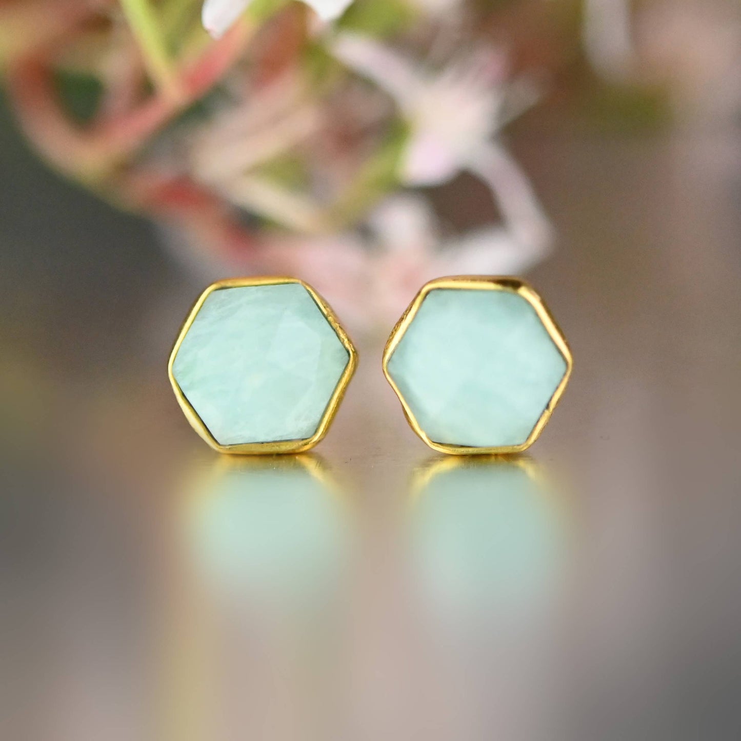 Semi Precious Hexagon Gemstone Stud Earrings (8mm gold)