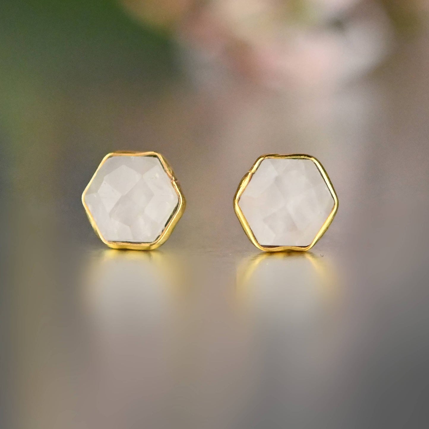 Semi Precious Hexagon Gemstone Stud Earrings (8mm gold)