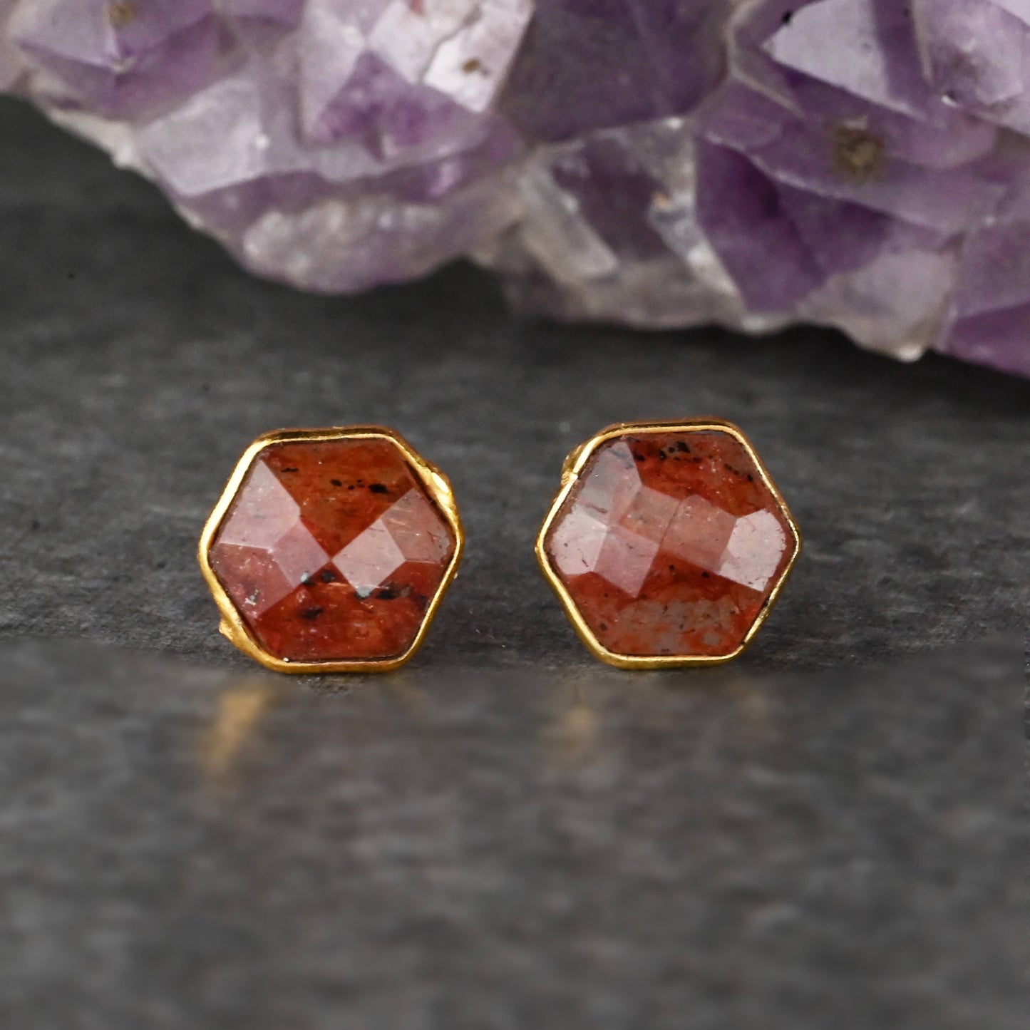 Semi Precious Hexagon Gemstone Stud Earrings (8mm gold)