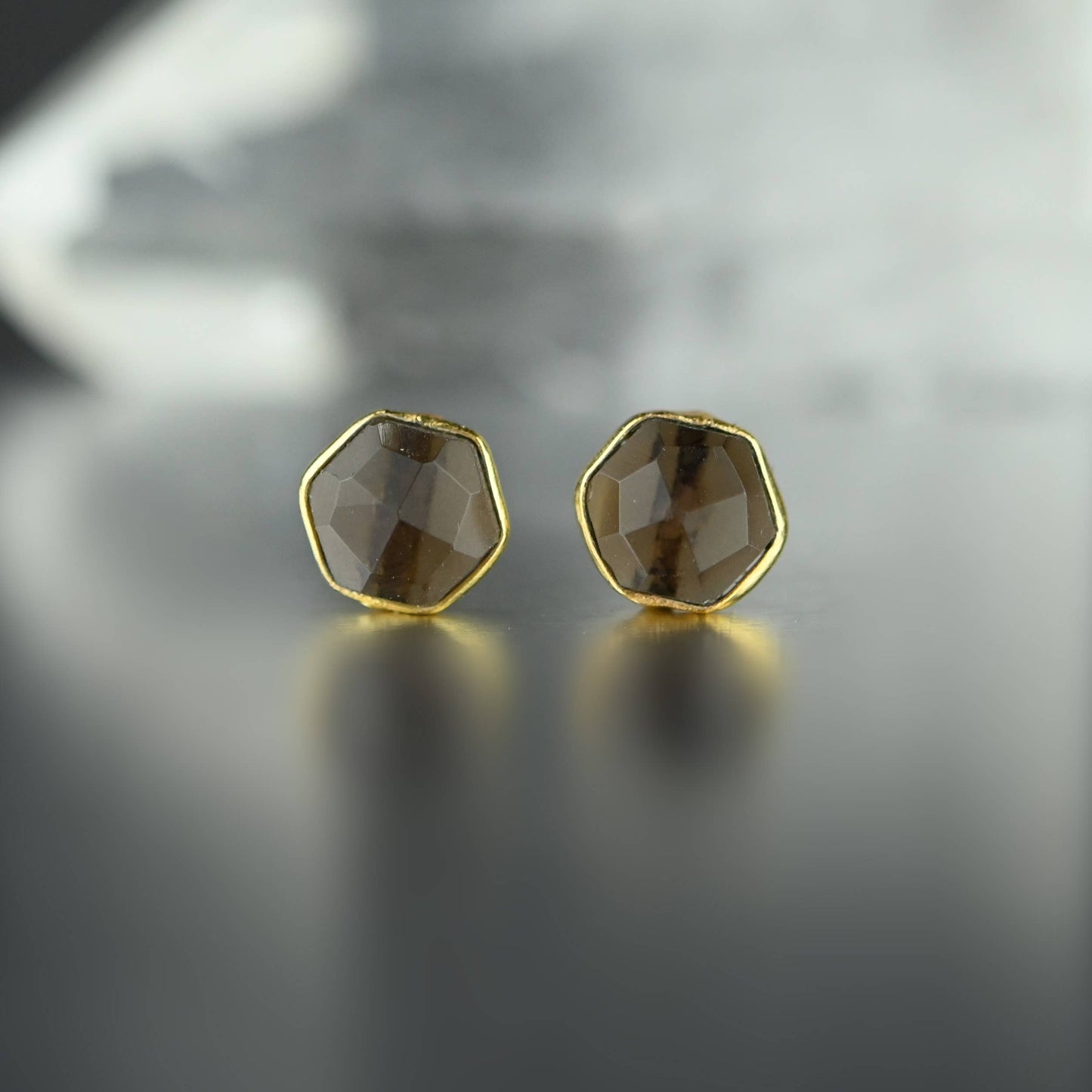 Semi Precious Hexagon Gemstone Stud Earrings (8mm gold)