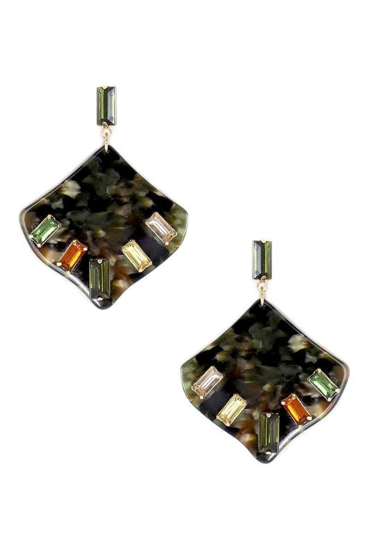 Acetate Rhinestone Square Dangle Earrings in Olive