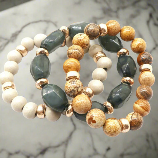 Semi Precious Stone Wood Bead Bracelet Set