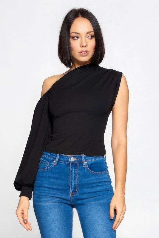 One-Shoulder Blousson-Sleeved Top