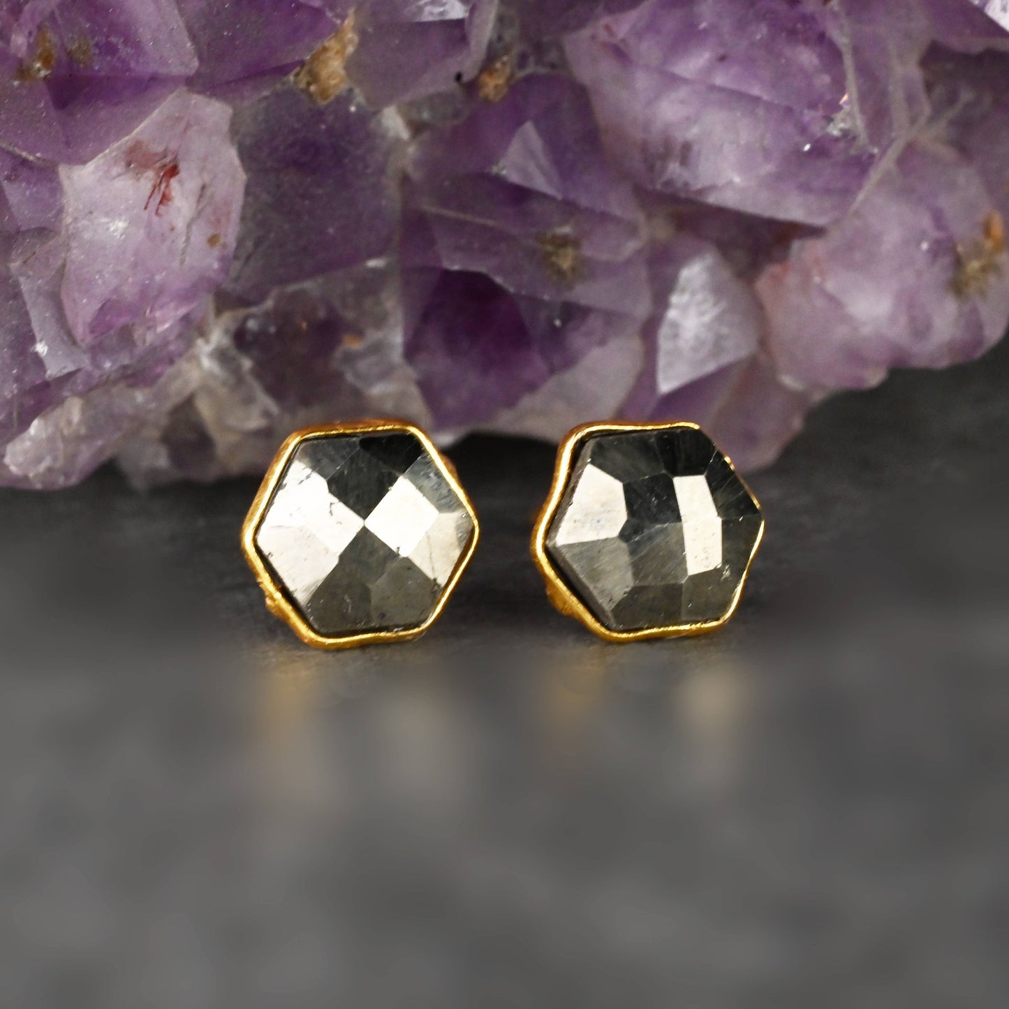 Semi Precious Hexagon Gemstone Stud Earrings (8mm gold)