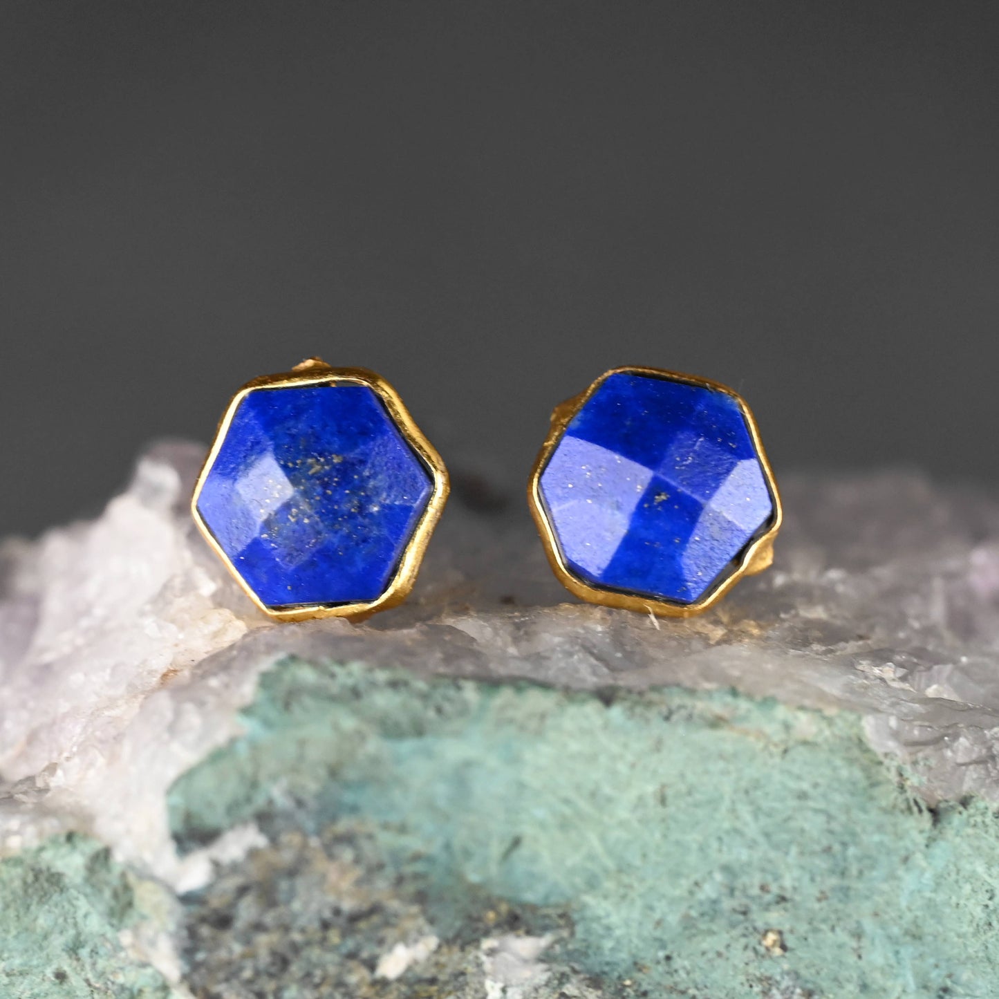 Semi Precious Hexagon Gemstone Stud Earrings (8mm gold)